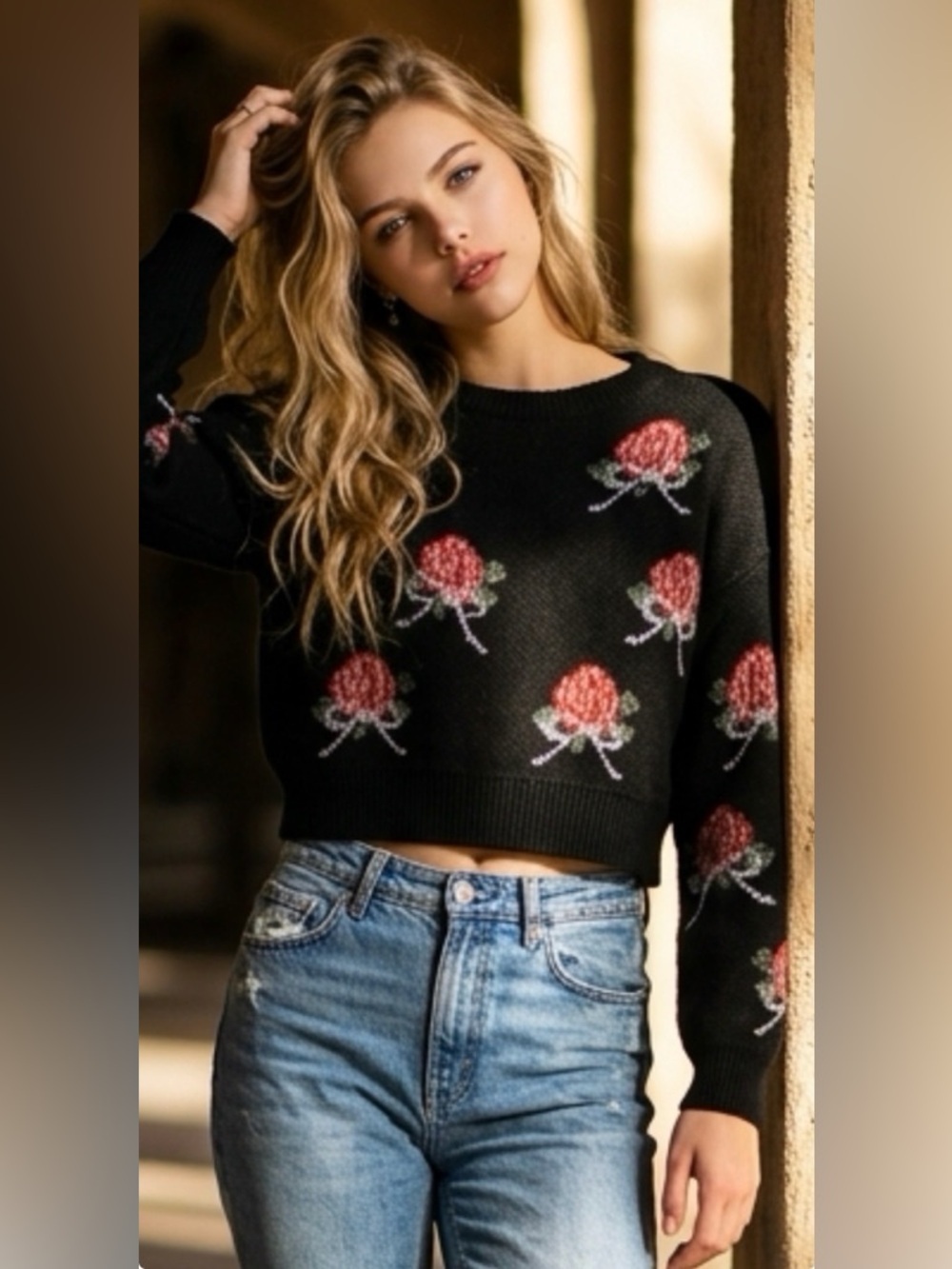Le Lis Black cropped Sweater with Red Floral Design​